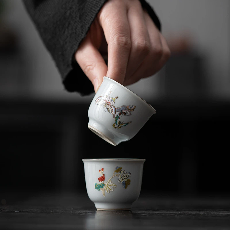 月白花蝶陶瓷品茗杯茶杯家用手工陶瓷个人杯描白金功夫茶具单杯