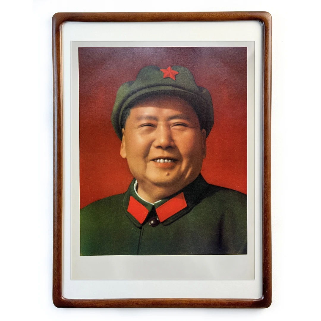 毛主席笑眯眯军装宣传画 军内发行 楸木画框64x47厘米 包老保真