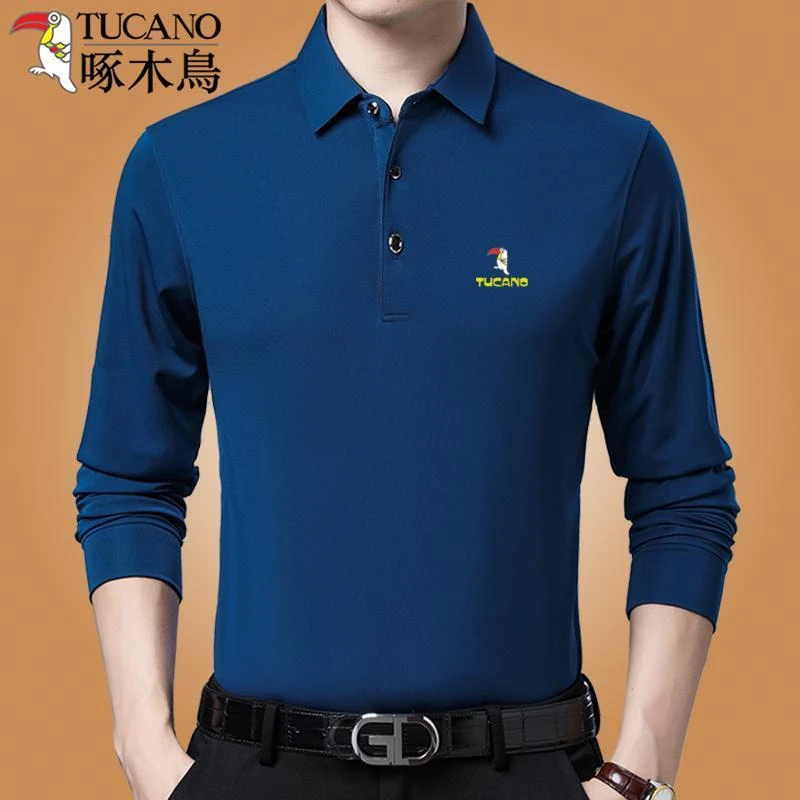 啄木鸟春秋款男士t恤长袖翻领polo衫中老年薄款宽松打底衫爸爸装