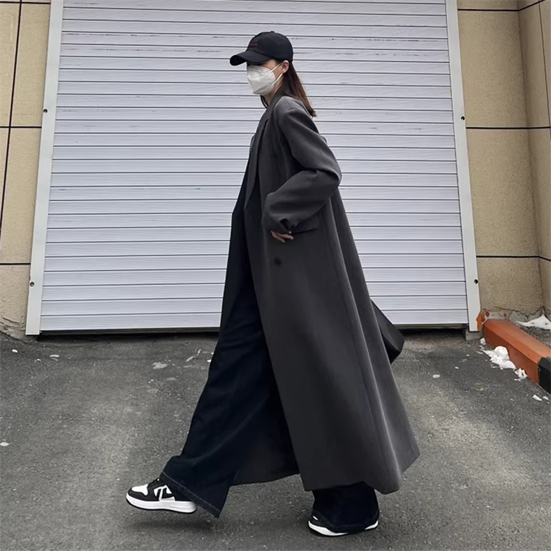 黑色宽松长款西装外套女韩版简约通勤ins风休闲百搭西服大衣秋季