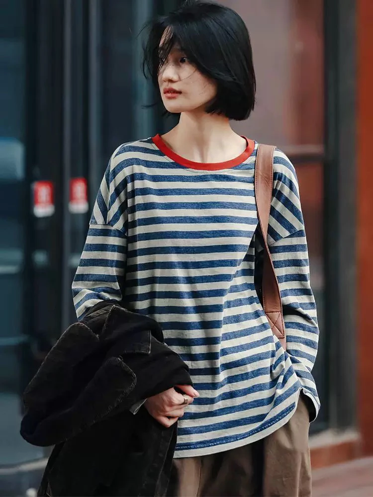 【长袖】色织炒色后整领口撞色条纹长袖袖圆领T恤女夏