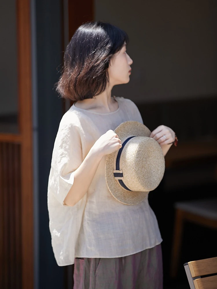 短款麻本色72英支细支雨露麻轻薄圆领短袖显瘦套头衫女23237款