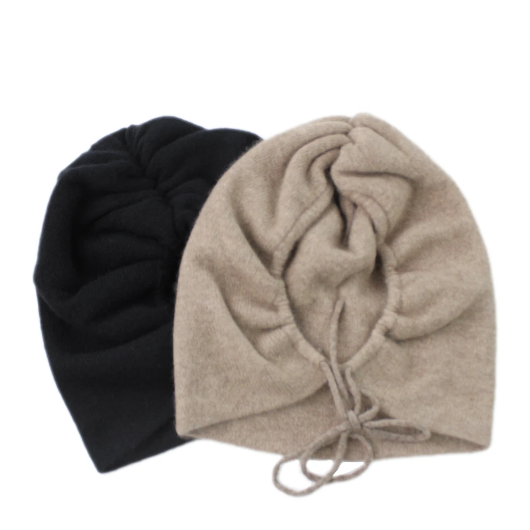 【送给佳人】秋冬新款100%纯山羊绒帽子加厚保暖抽绳时尚款圆形帽