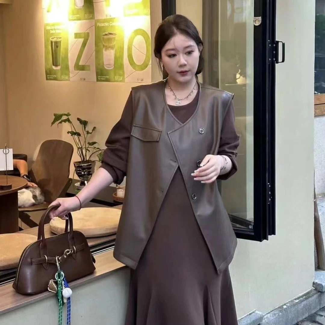大码坎肩无袖皮马甲背心+长袖连衣裙两件套女胖mm早秋穿搭一整套