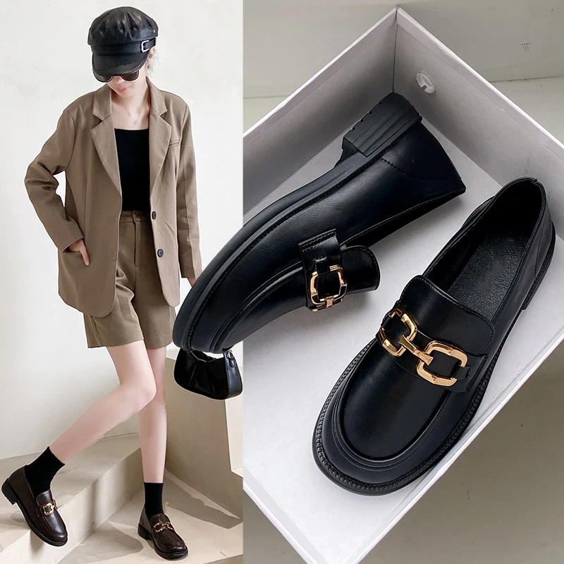 复古英伦风小皮鞋女2024新款秋款一脚蹬春秋单鞋软皮厚底乐福鞋秋