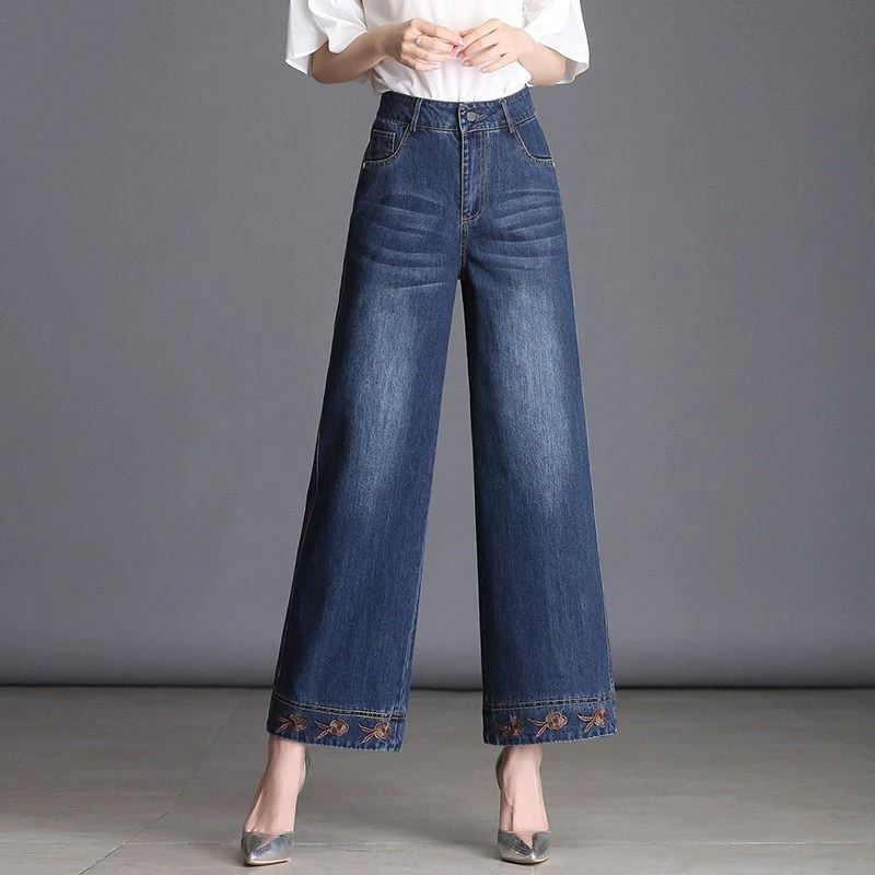 辣妈夏薄款女九分牛仔裤绣花高腰阔腿裤韩版翻边直筒裤显瘦肥腿裤