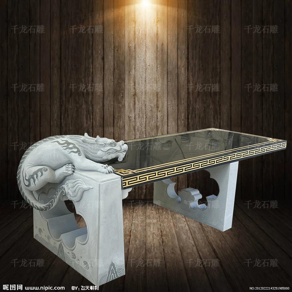 家居庭院石雕石材桌子吸水兽石头茶台茶桌摆件镇水兽石雕户外院子