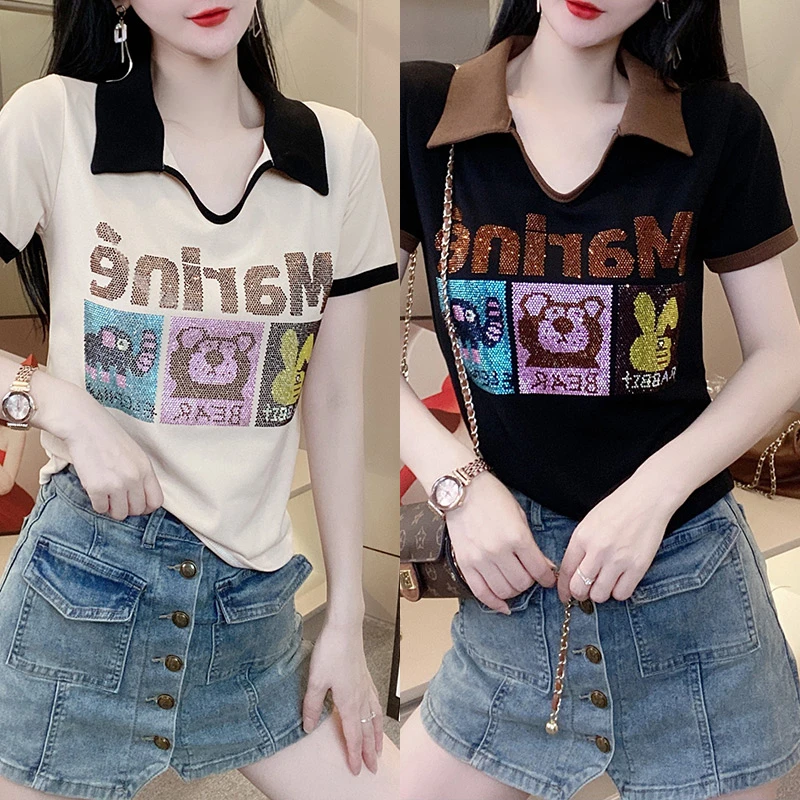 新款小个子印花烫钻百搭T恤女2024夏季新款简约显瘦休闲洋气上衣