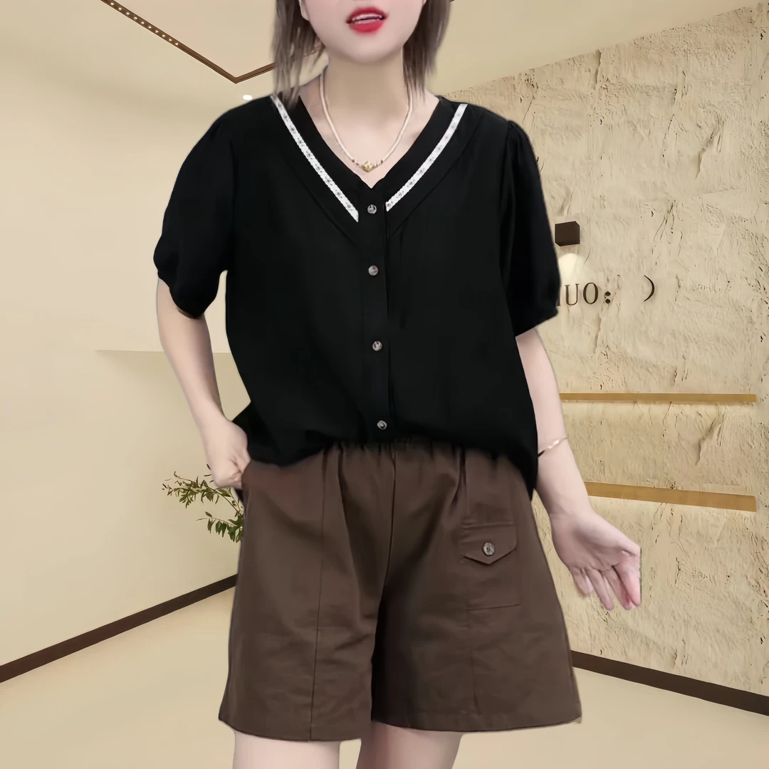 大码法式雪纺短袖衬衫女2025夏季气质显瘦休闲遮肚子v领设计上衣