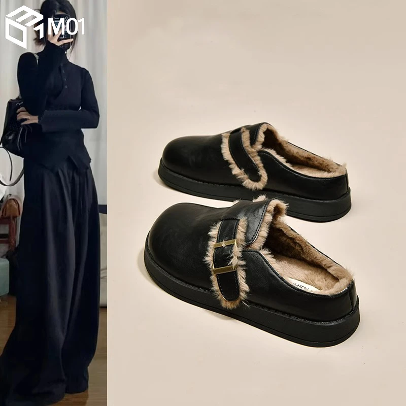 M01厚底勃肯鞋女2025新款春秋季一脚蹬包头半拖鞋女加绒毛毛棉拖