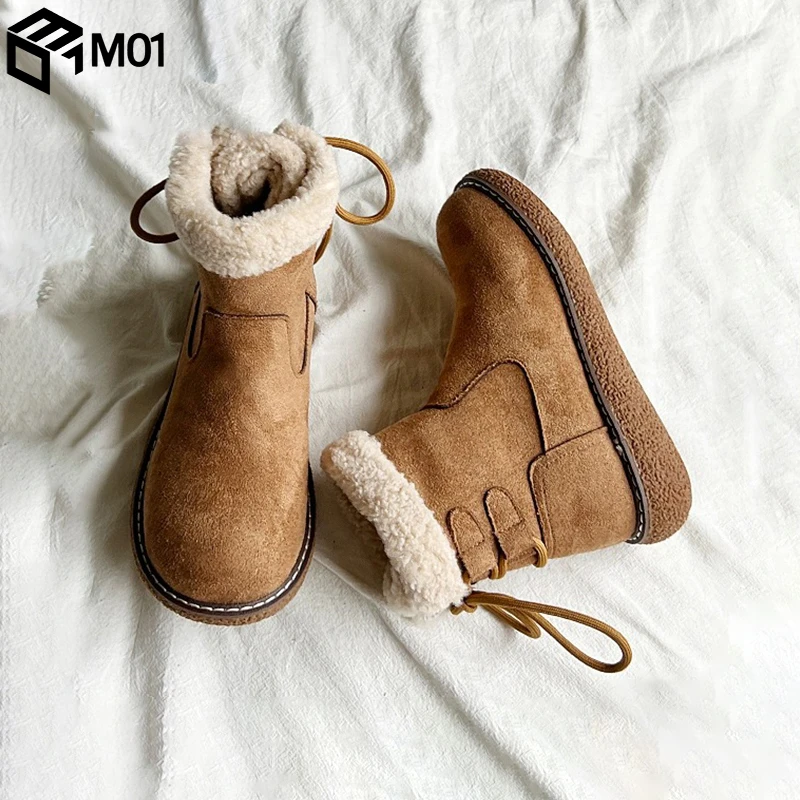 M01勃肯雪地靴女2025新款春季加绒加厚保暖防滑系带小短靴女棉鞋