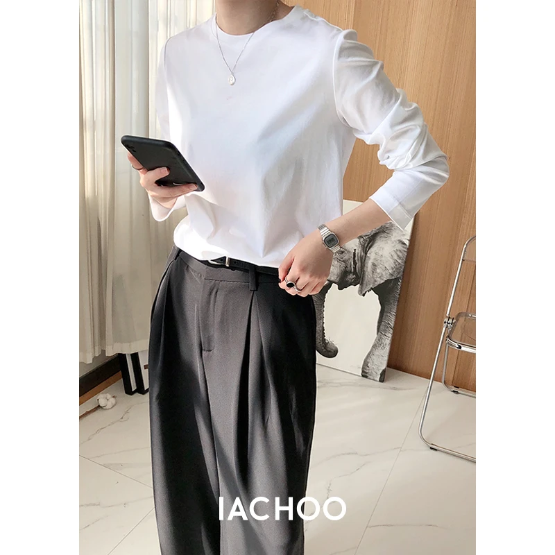 IACHOE【胶囊系列 水柔棉】白色长袖圆领t恤女3471501002打底衫