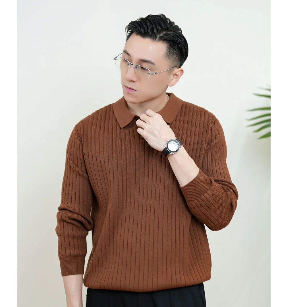 2025春秋新款男士轻商务简约休闲翻领条纹宽松毛衣纯色长袖针织衫