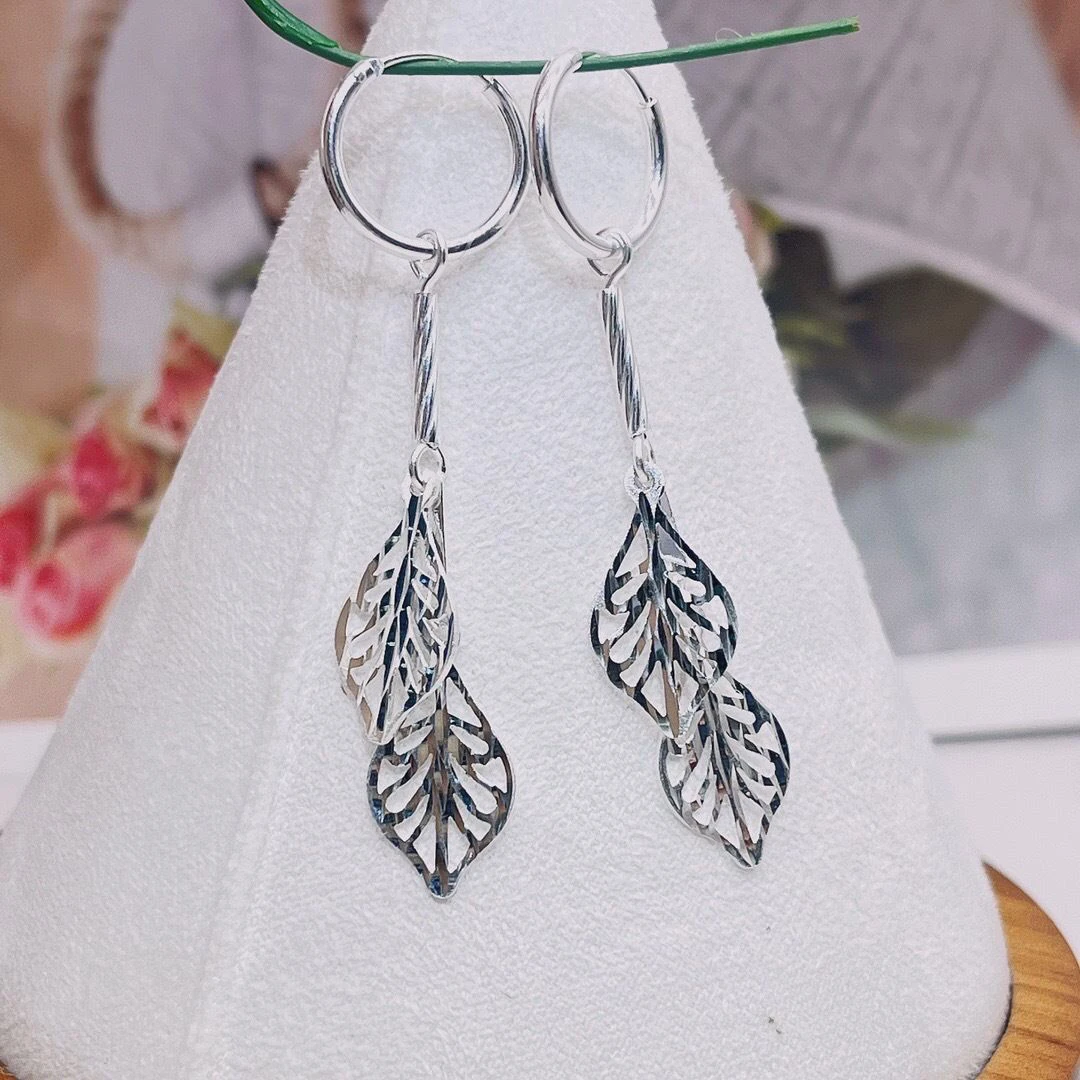 足银耳饰 足银990车花镂空树叶耳圈耳环