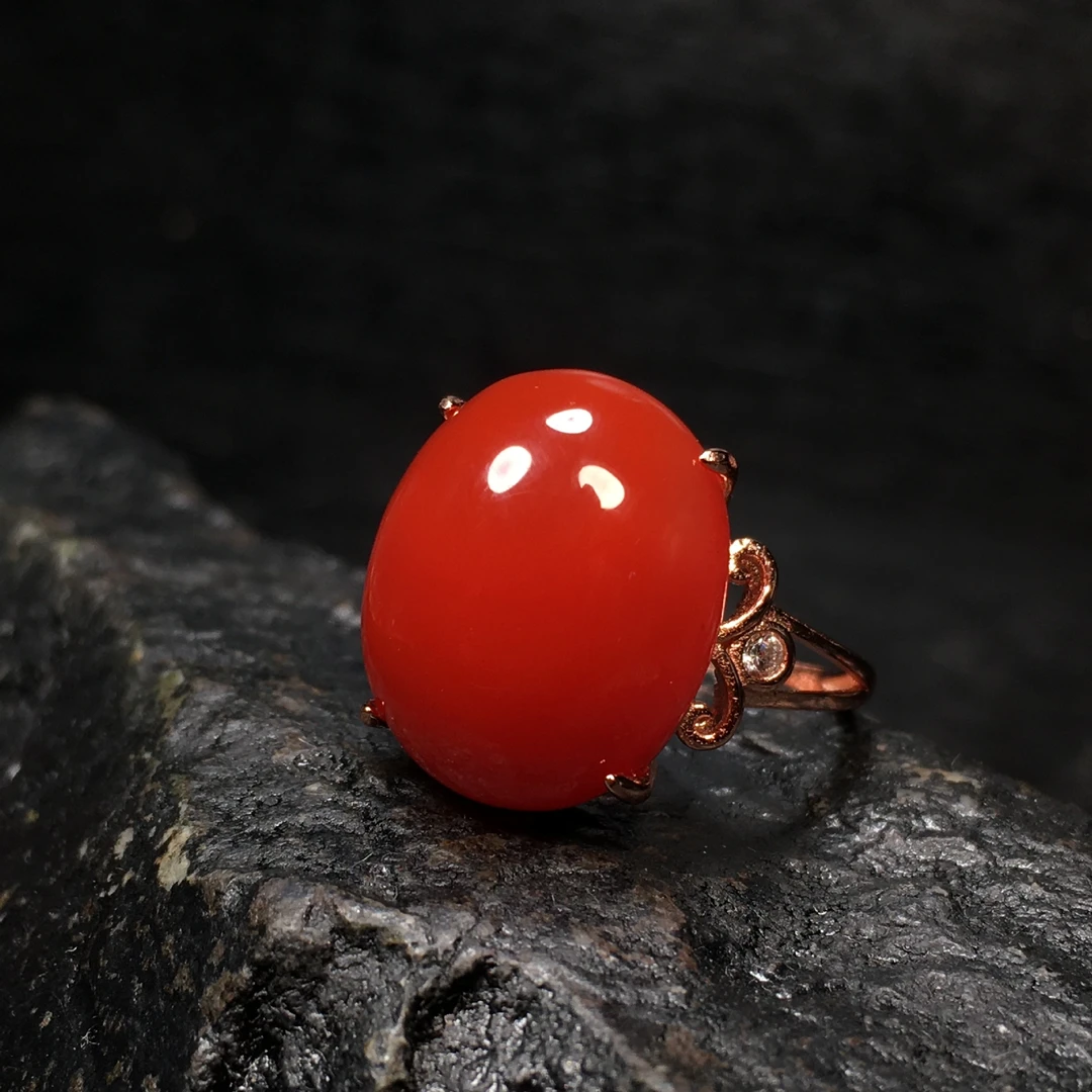 精品保山杨柳南红柿子红女款戒指红润无杂裂S925银镶嵌活口戒指