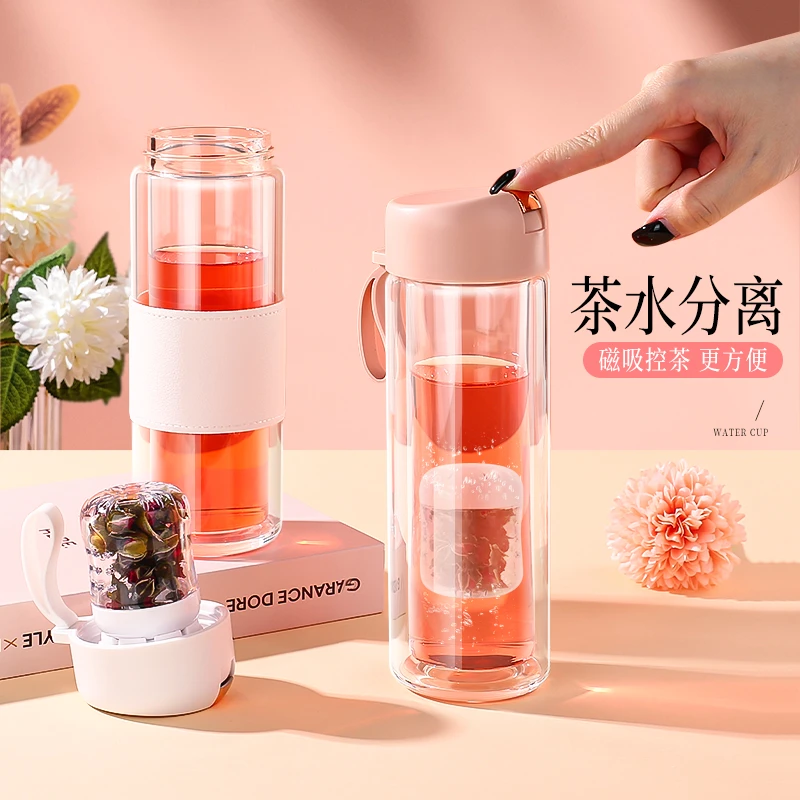 （双层磁吸玻璃）男士磁弹水杯网红简约茶杯可控便携女士防摔水杯