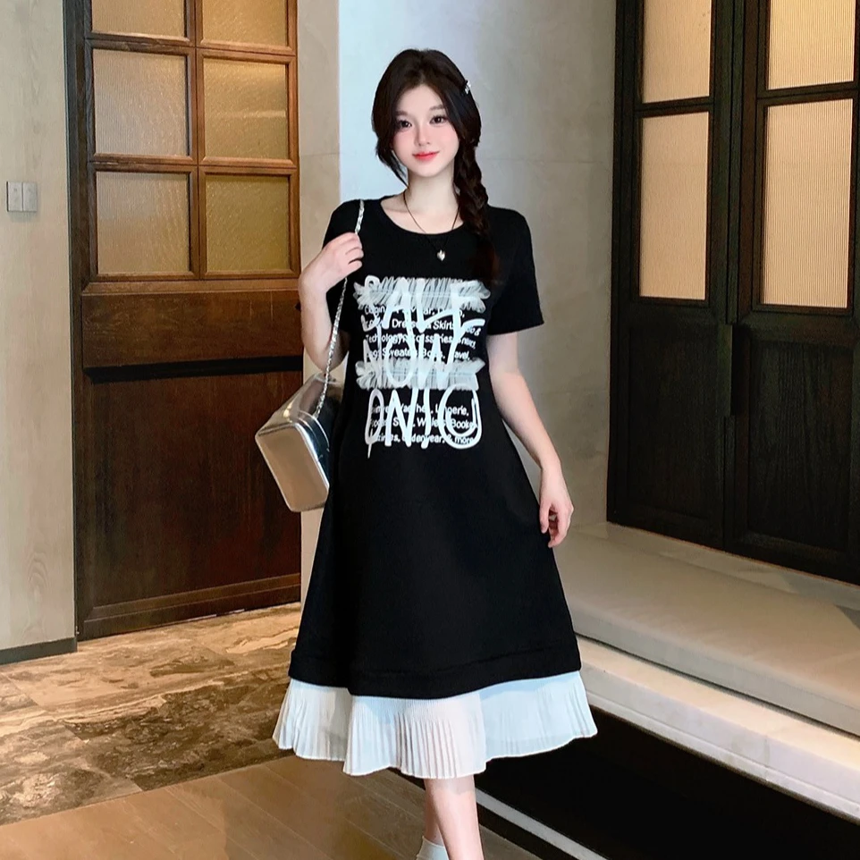 大码女装夏季新款宽松短袖圆领连衣裙休闲拼接连衣裙