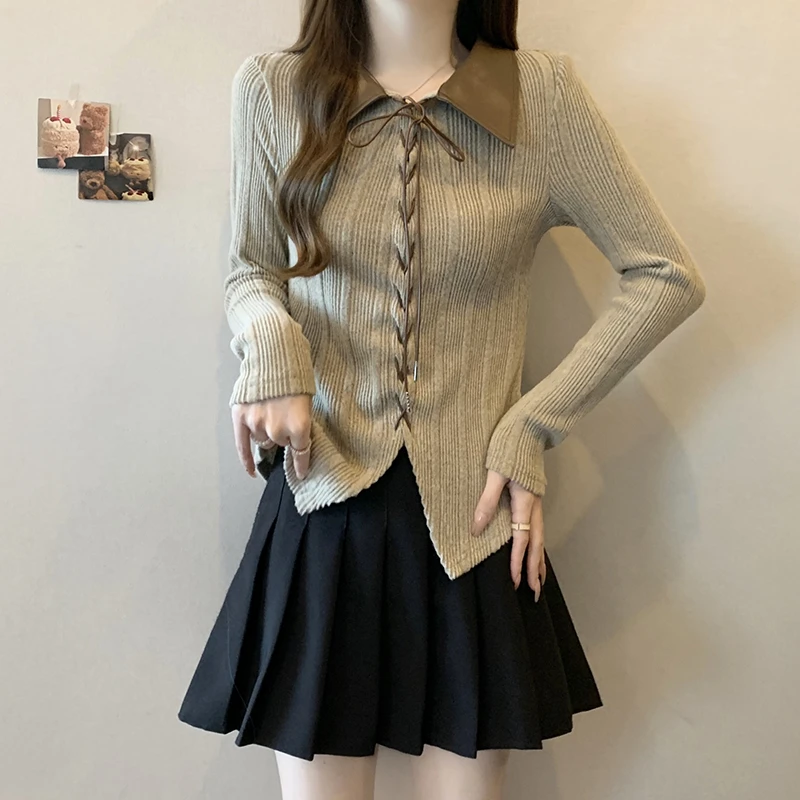 2024秋装新款胖mm大码女时尚美拉德复古甜辣拼接绑带别致针织上衣