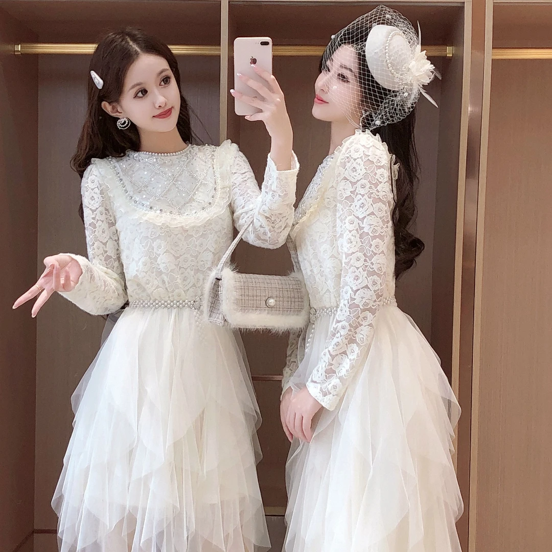 艾日秀定制●法式温柔气质加绒蕾丝拼接网纱长短款连衣裙 E6990