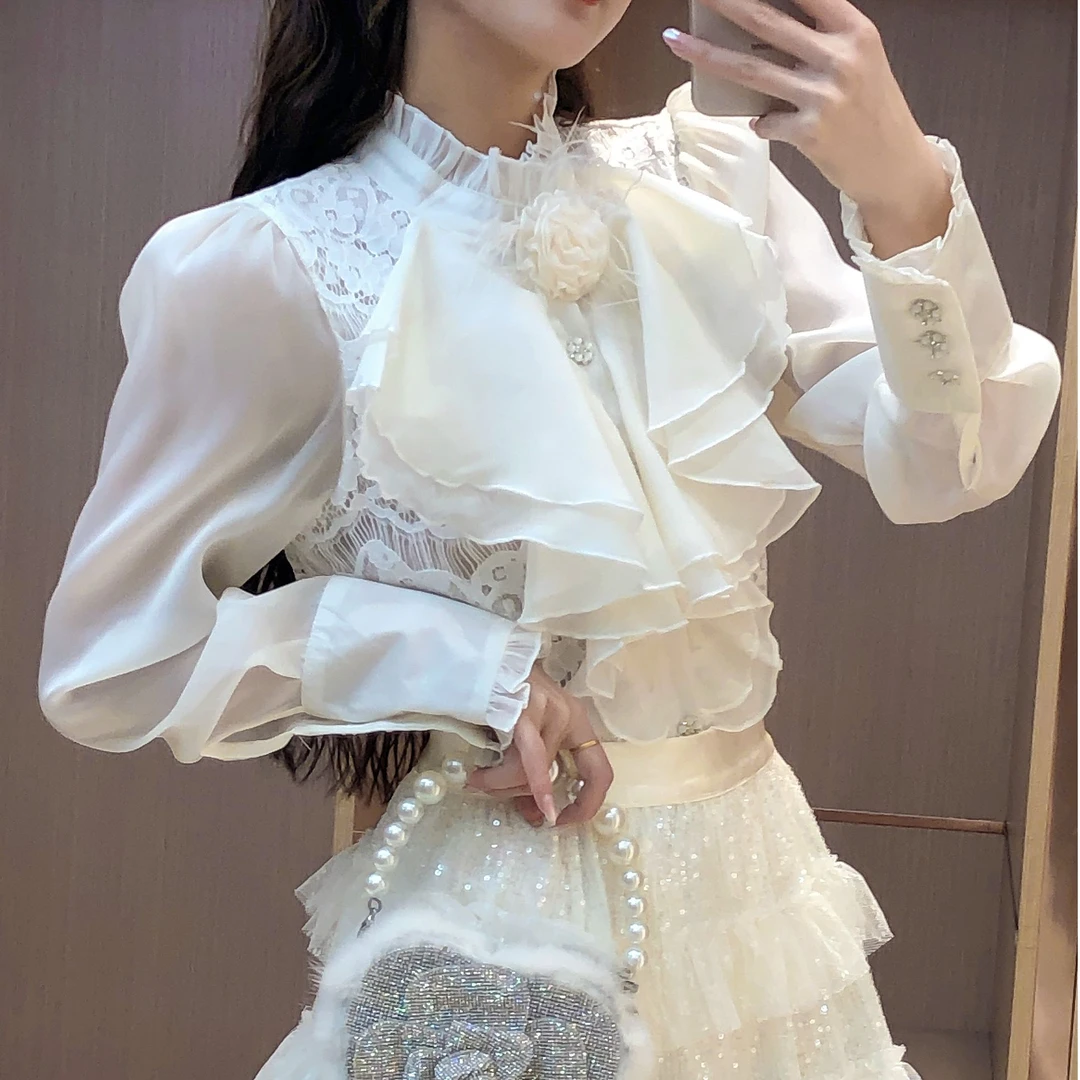 艾日秀定制●法式荷叶边蕾丝衬衫长款亮片网纱裙两件套女 E8009