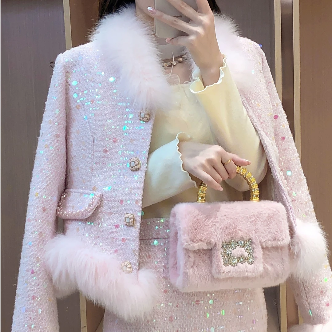 艾日秀定制●韩版千金风毛领亮片小香保暖外套半身裙两件套 E8038