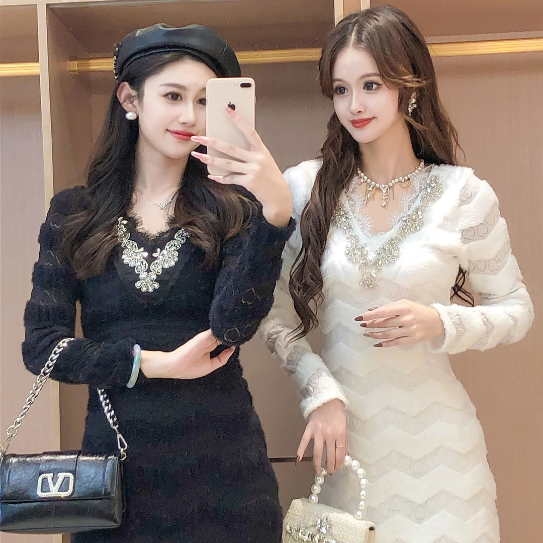 艾日秀定制●法式早秋时尚显瘦重工镶钻拼接蕾丝连衣裙 E7801