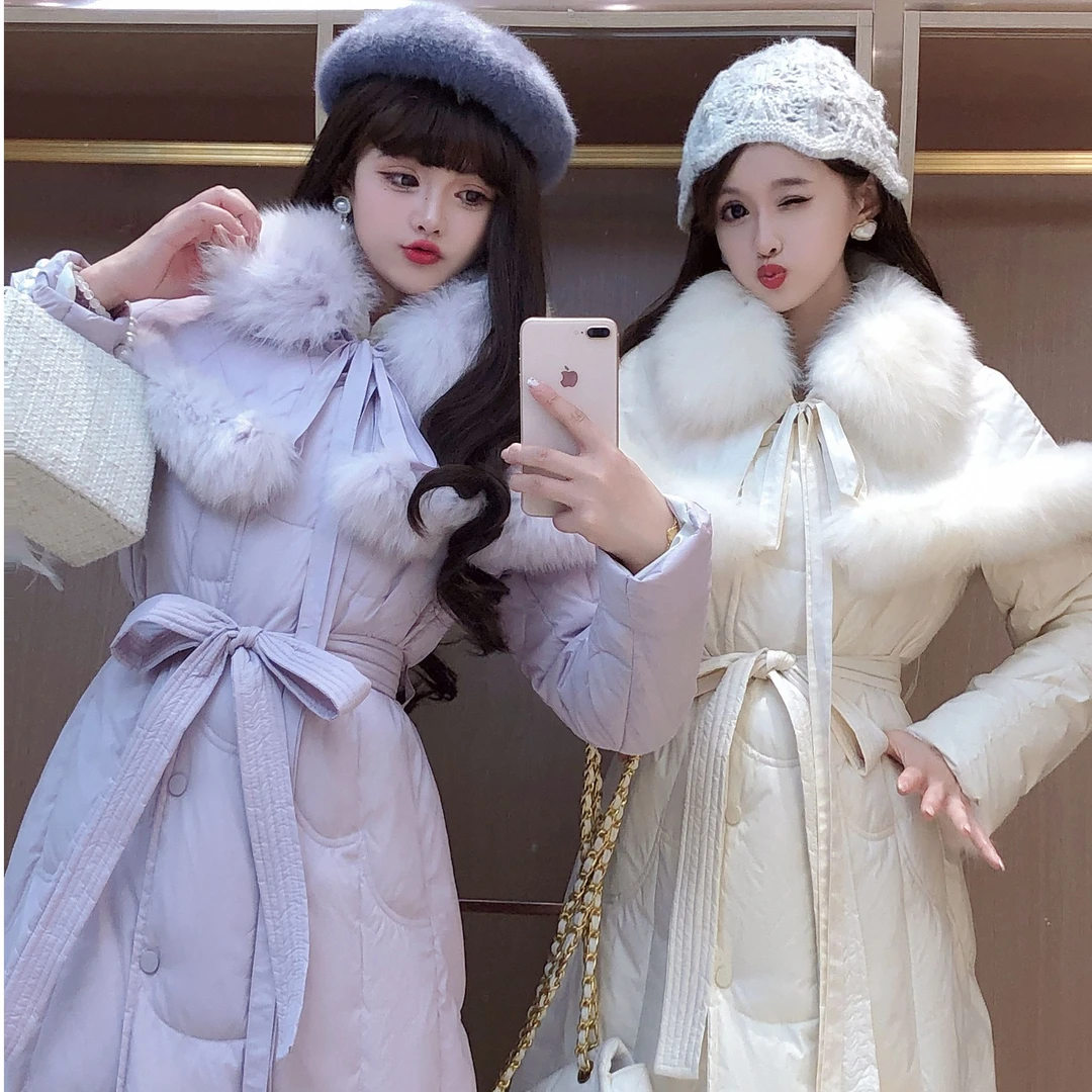 艾日秀定制●韩版高级感名媛气质毛毛系带斗篷显瘦羽绒外套 E9078