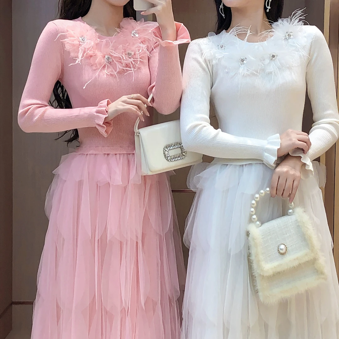 艾日秀定制●2024新款立体花朵气质减龄拼接网纱连衣裙 E6992