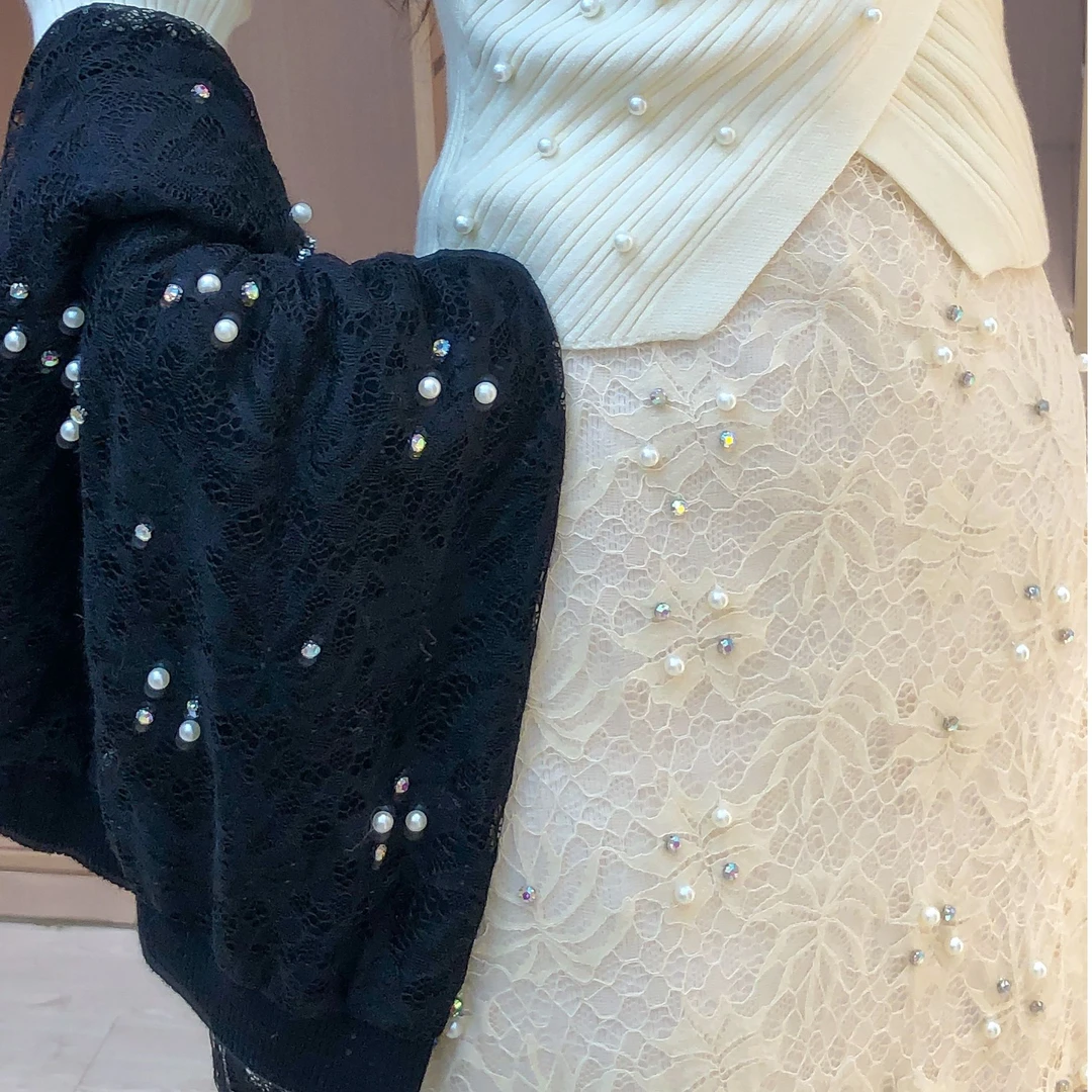 艾日秀定制●法式温柔蕾丝拼接厚款针织半身裙 E8223