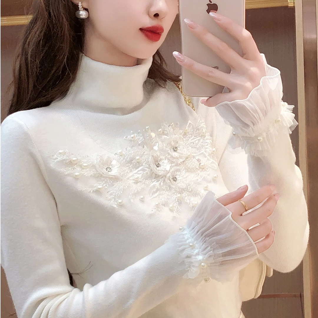 艾日秀定制●秋季新款半高领甜美立体花朵喇叭袖针织打底衫 E8055