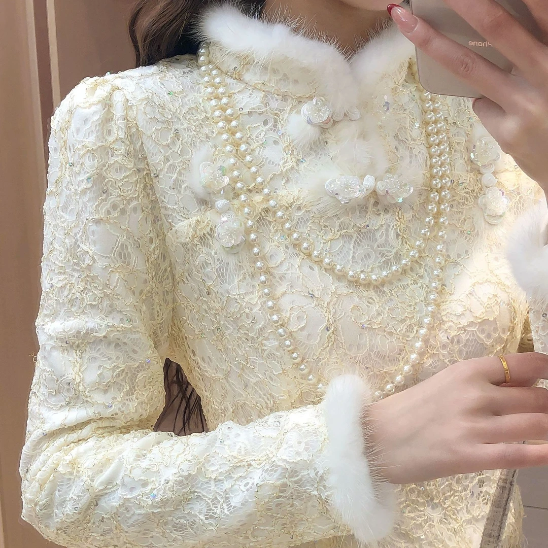 艾日秀定制●新中式名媛气质盘扣毛毛领口上衣+半身裙两件套 E9373