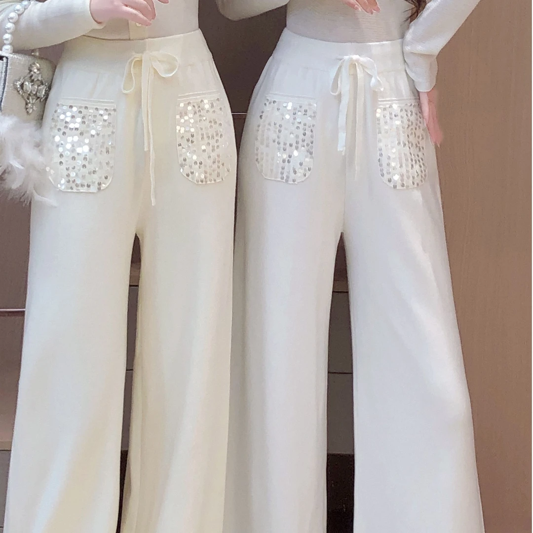 艾日秀定制●2024名媛时尚风重工亮片系带修身显瘦休闲裤 E9012