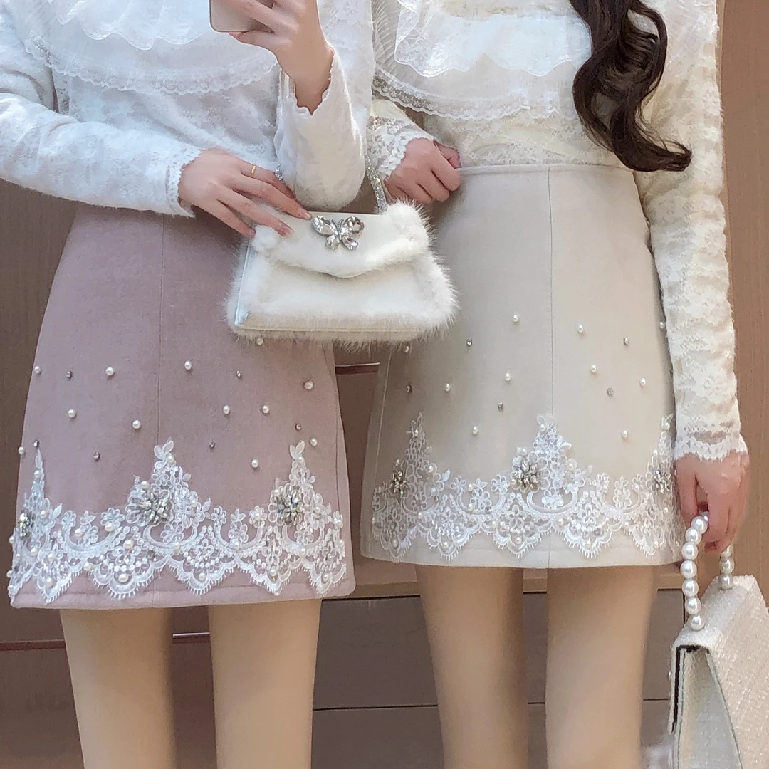 艾日秀定制●2024秋冬新款轻奢甜美风镶钻拼接蕾丝边半身裙 E9144