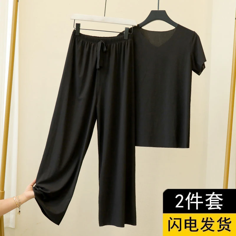 2025新款冰丝睡衣女夏季套装春夏外穿V领短袖T恤薄款家居服宽松