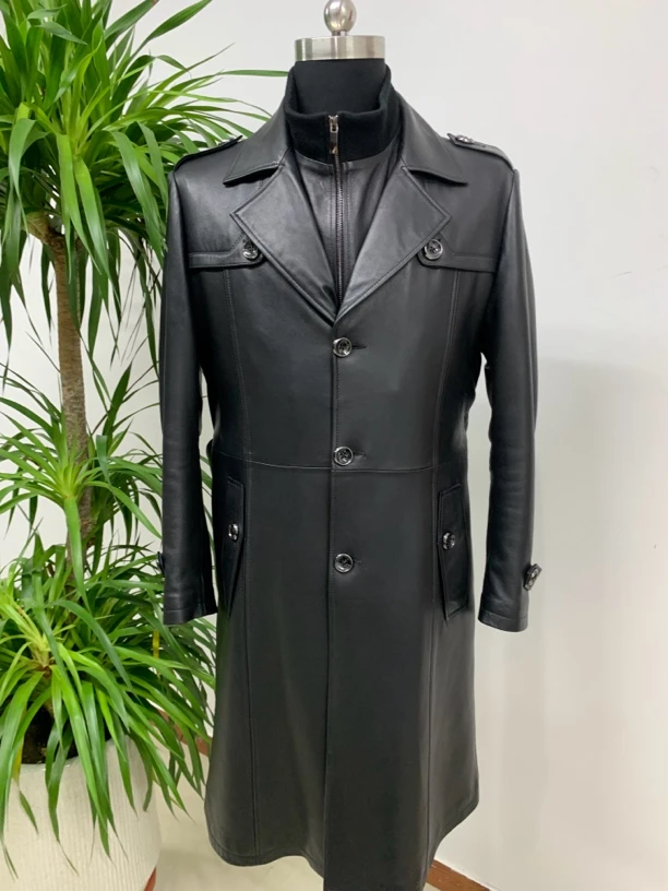 男士超长风衣真皮衣长105厘米