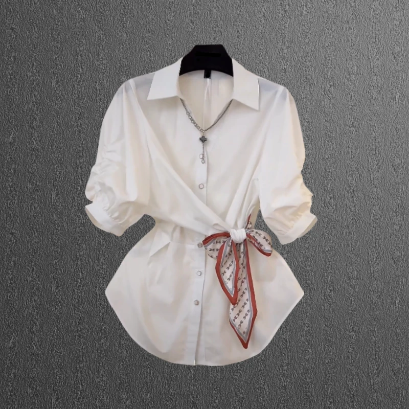【Jason colors】丝巾蝴蝶结设计收腰衬衫女白色衬衣时尚夏季气质