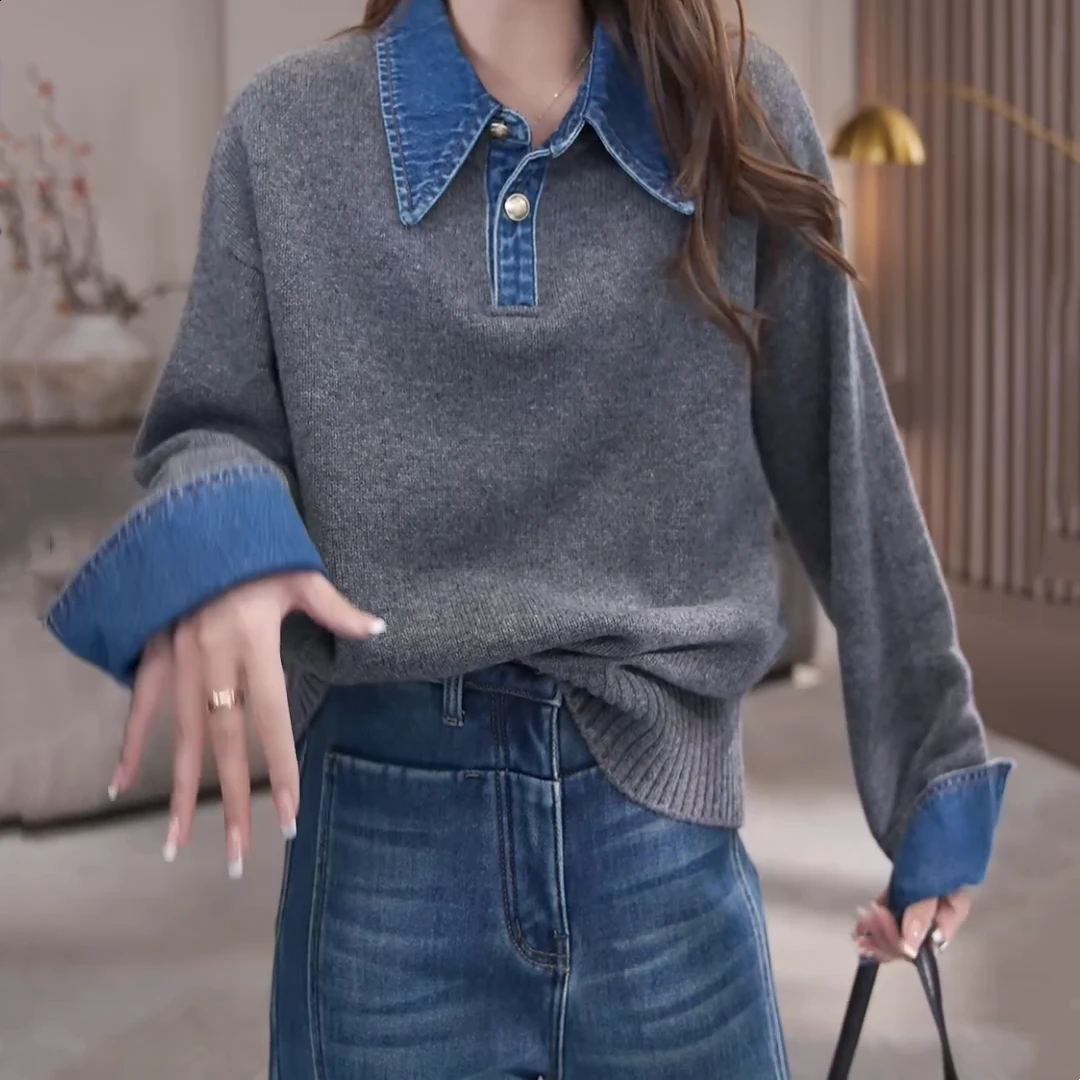 【Jason colors】秋冬新款牛仔拼接毛衣针织衫套头韩系气质慵懒