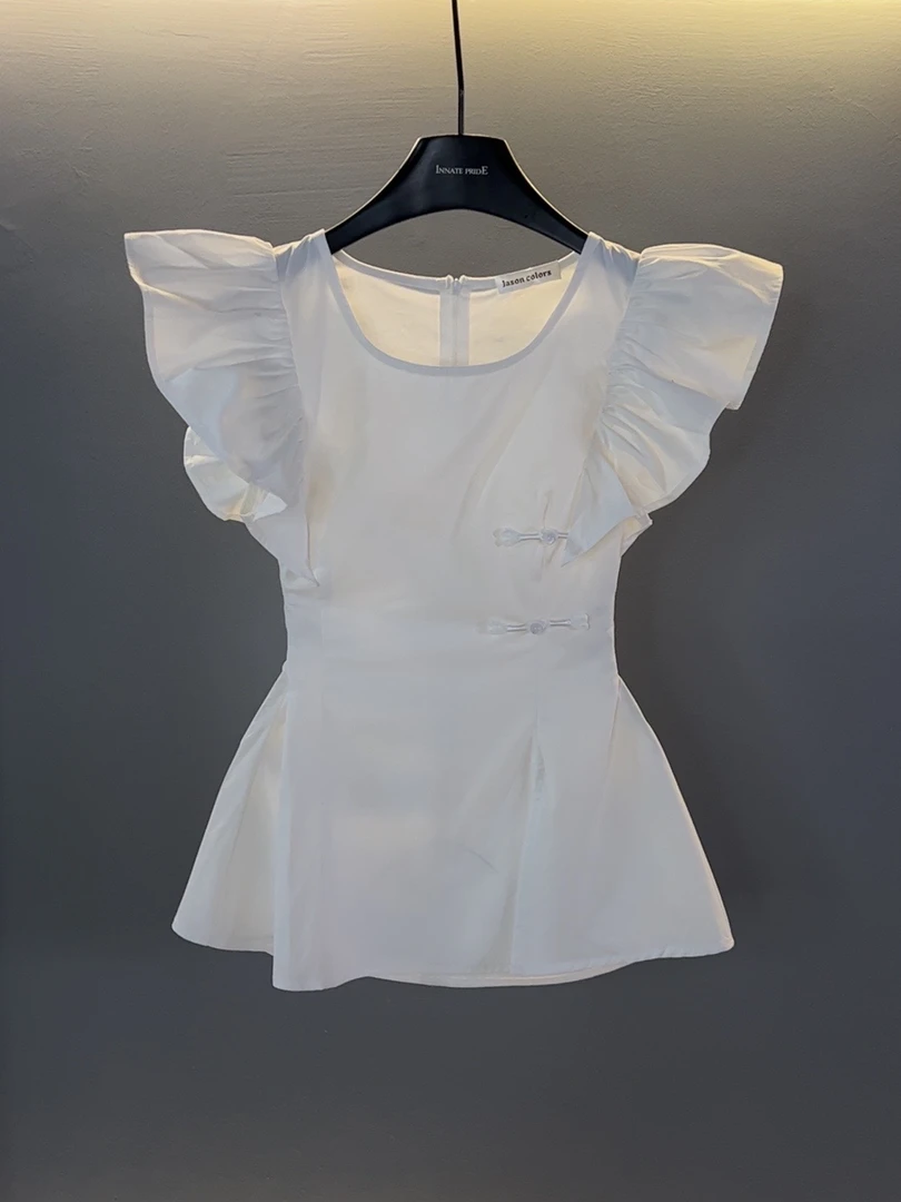 【Jason colors】新中式衬衫夏季新款飞飞袖拼接荷叶边盘扣国风短袖