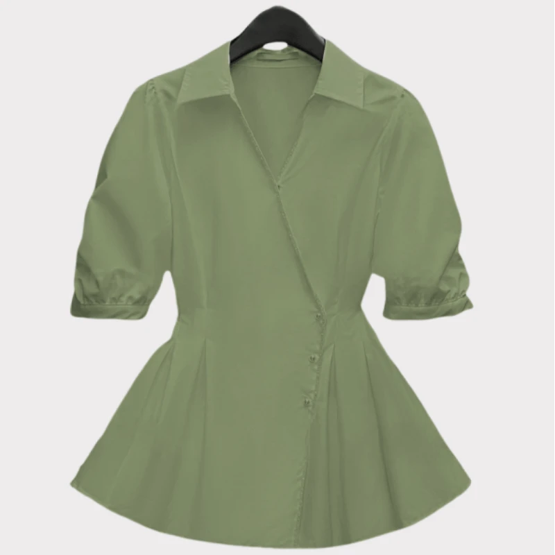 【Jason Colors】法式收腰条纹V领泡泡袖衬衫夏季新款气质时尚衬衣