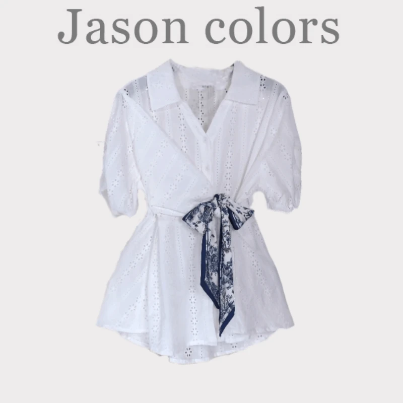 【Jason Colors】”汉白玉“勾花镂空棉麻收腰丝巾别致短袖衬衫夏季
