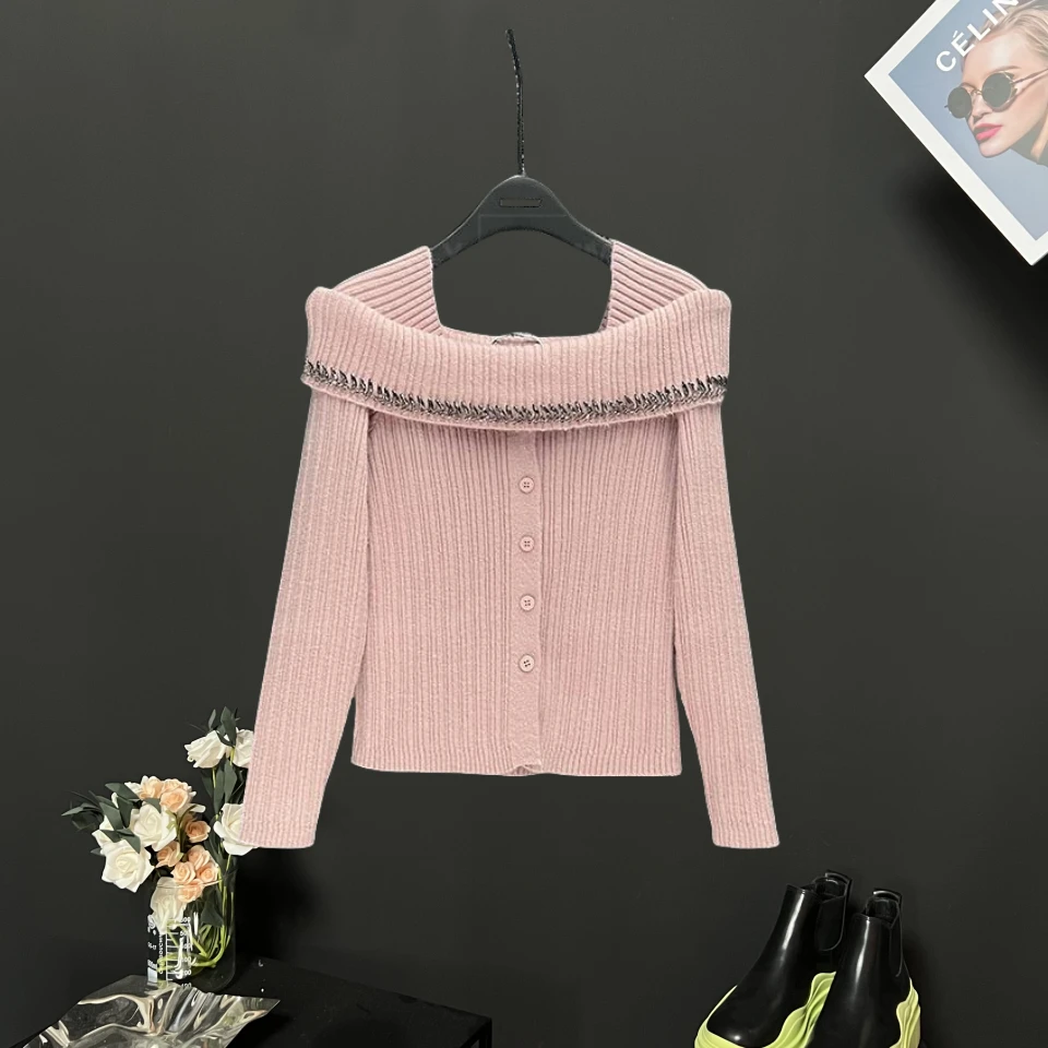 2024新款时尚显瘦轻奢上衣设计感纯色短款长袖针织衫女毛衣