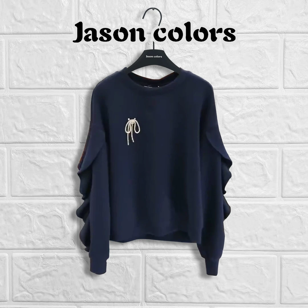 【Jason colors】设计感小众优雅花袖拼接烫钻蝴蝶结显瘦长袖卫衣女