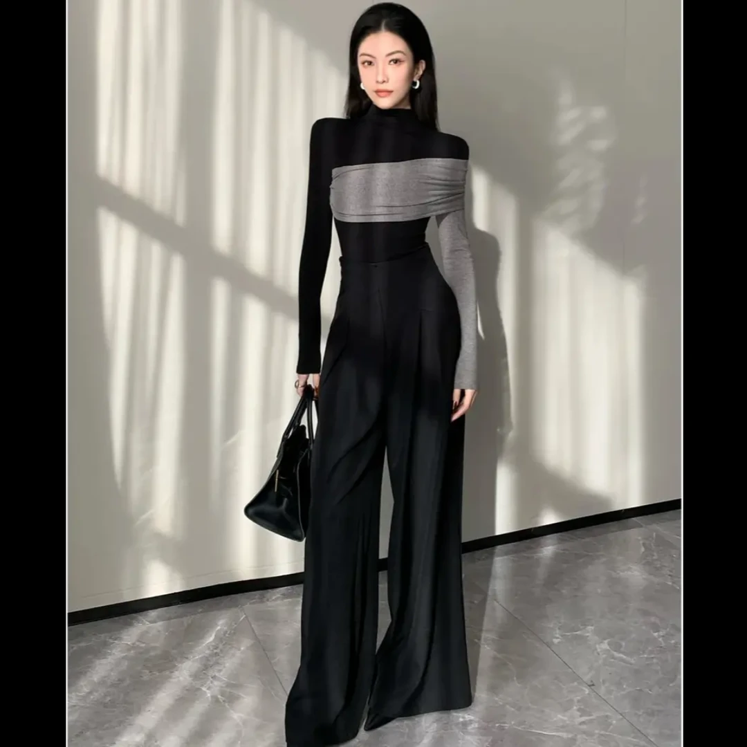 2024秋冬新款时尚设计感打底衫T恤+阔腿裤两件套时尚洋气套装女装