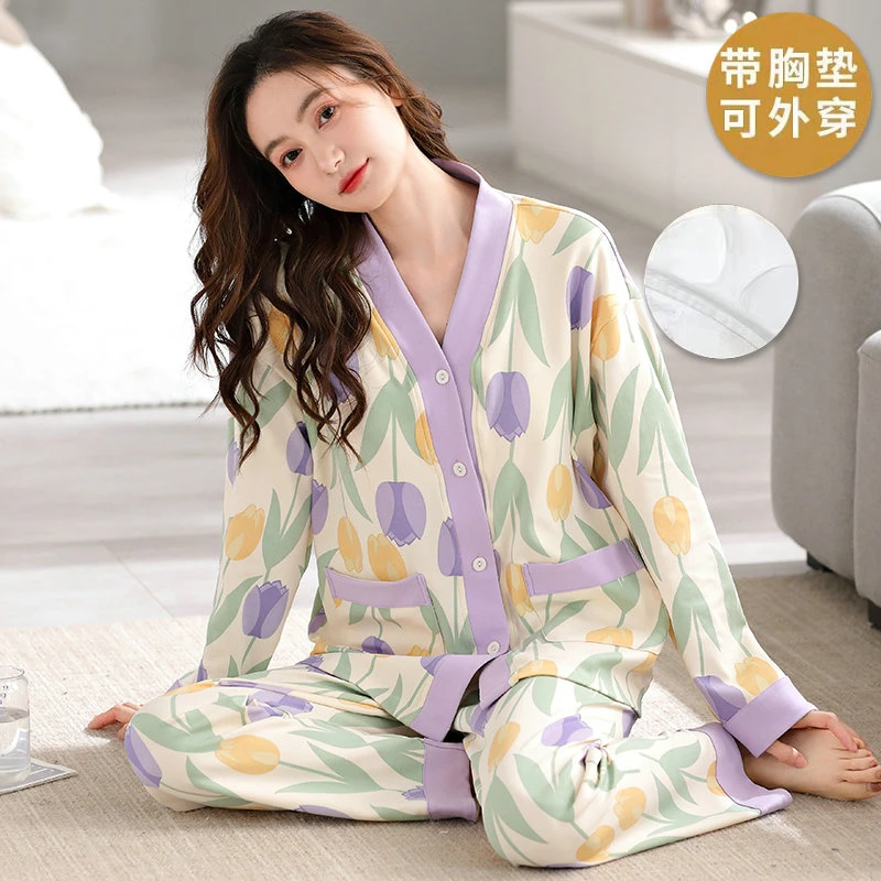 带胸垫一体套装睡衣女士春秋款长袖宽松甜美开衫和服外穿家居服