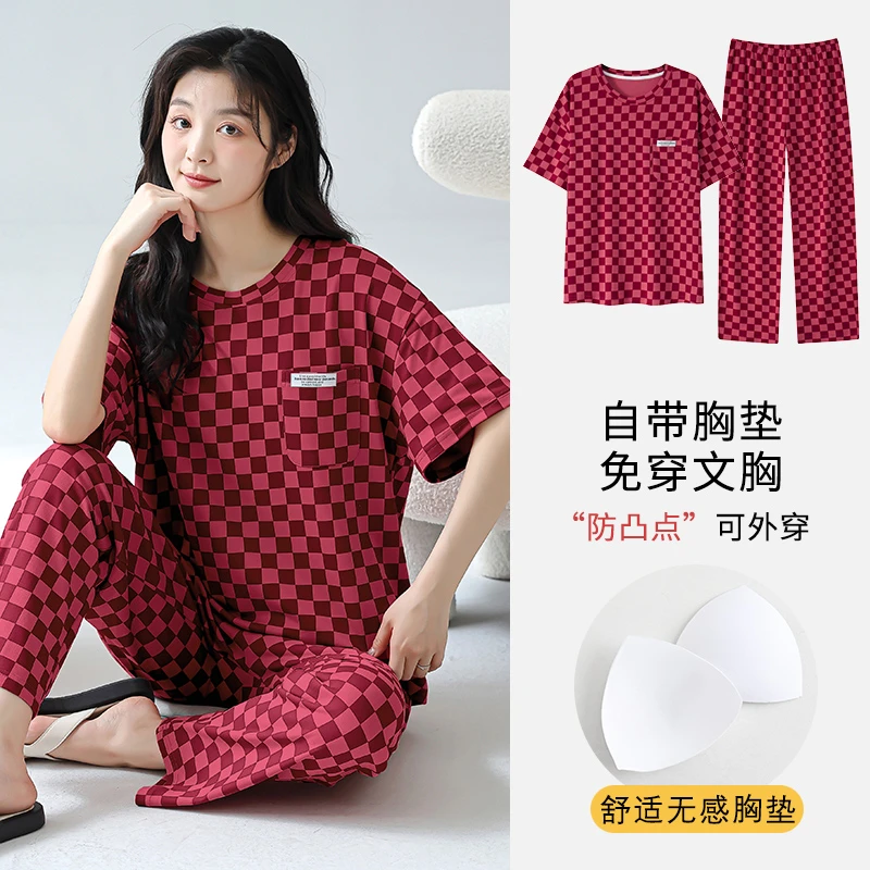 2024新款带胸垫一体睡衣女夏薄款短袖长裤可爱家居服外穿两件套装