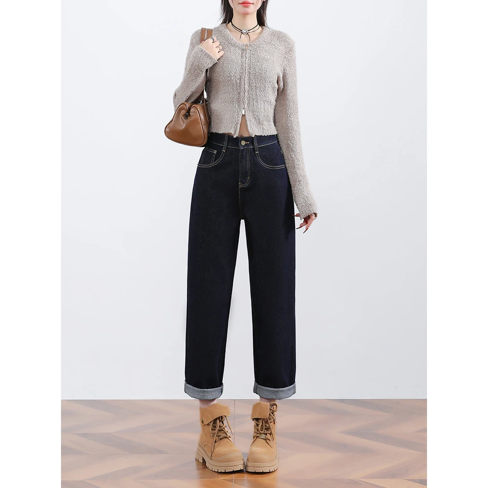 微胖小个子丹宁风宽松高腰牛仔裤遮胯休闲男友风通勤男友风穿搭