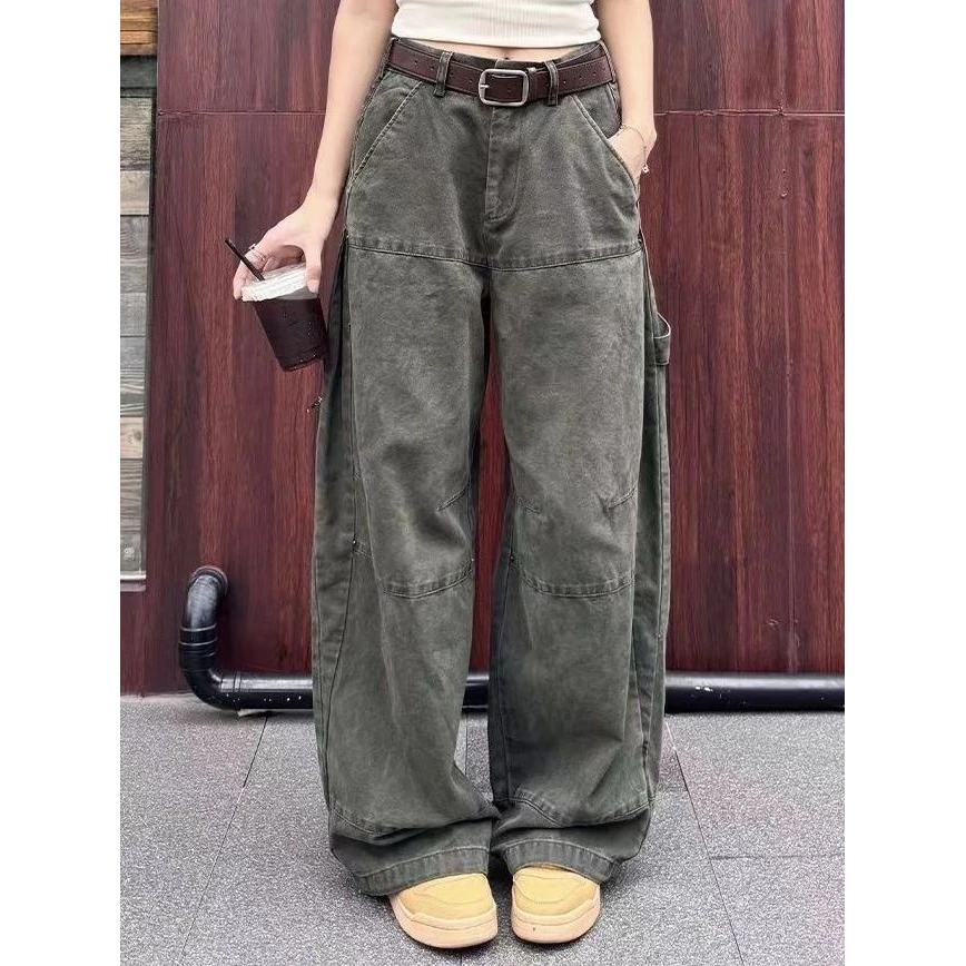 美式复古军绿色阔腿工装牛仔裤女高街宽松直筒美拉德休闲长裤女孩