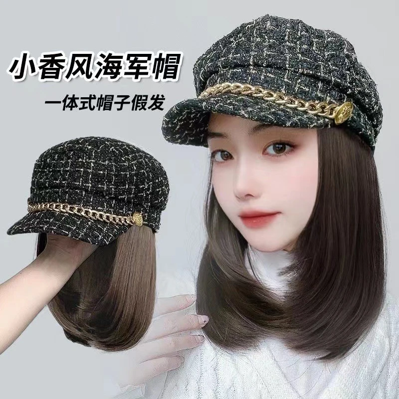 帽子假发一体女时尚秋冬新款小香风八角帽短发锁骨发全头套假发帽