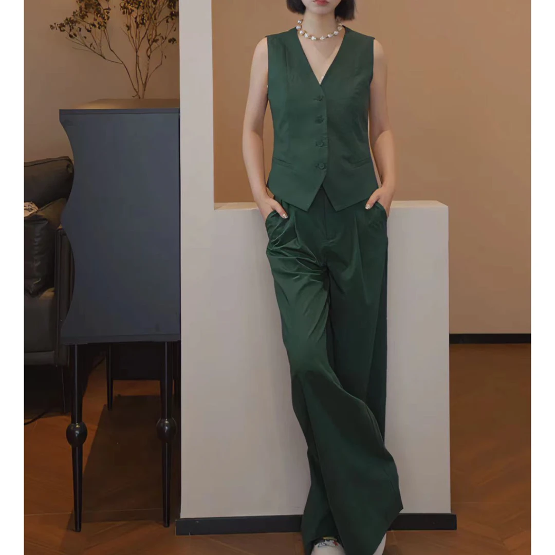 青苔绿亚麻气质度假老钱风马甲阔腿裤两件套