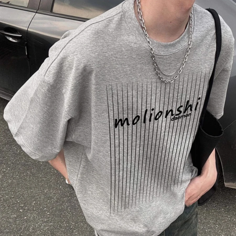 美式重磅纯棉花灰色短袖t恤男设计感小众夏季潮牌宽松青少年上衣